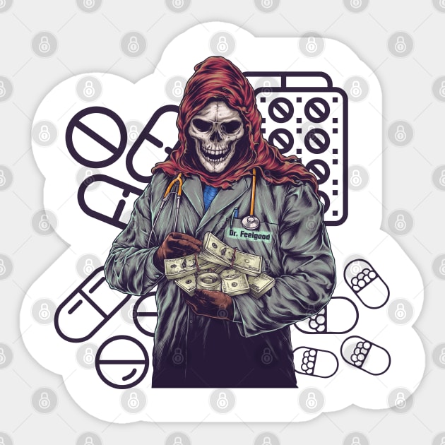 Dr. Grim Reaper Feelgood Pharmacist Sticker by Unboxed Mind of J.A.Y LLC 